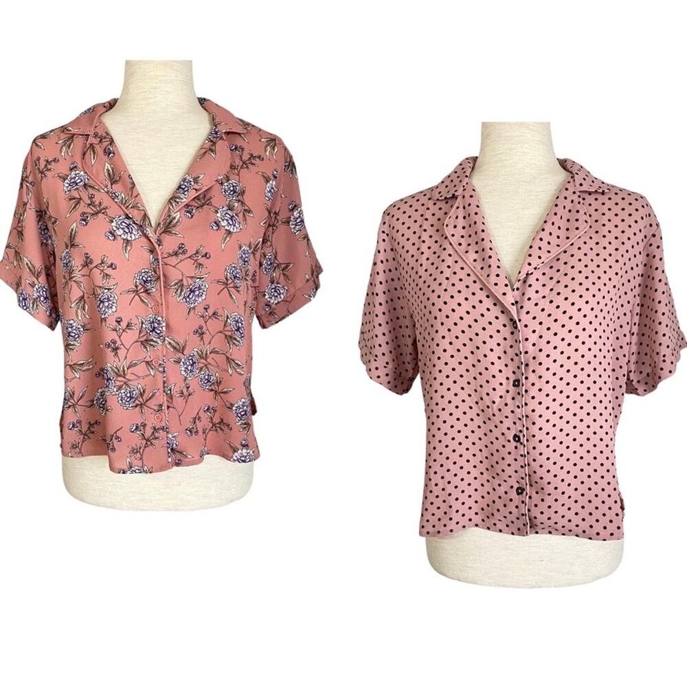 FOREVER 21 Pajama Shirt Bundle Mauve Pink Polka Dot Floral Size Small Button Up